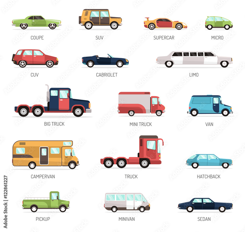 Flat Collection Of Different Car Models