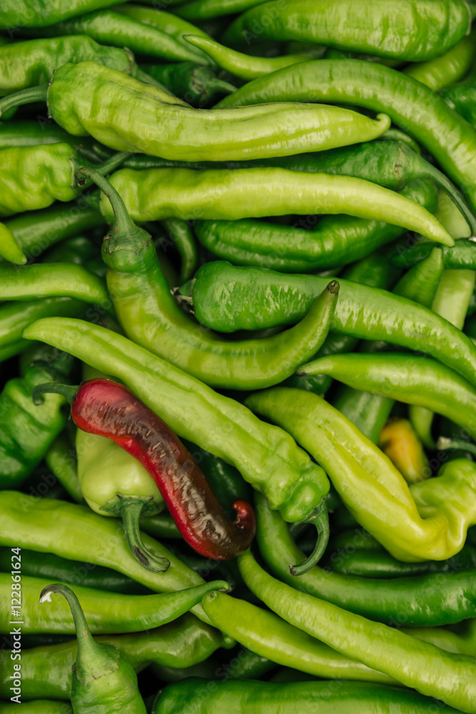 Pile of spicy green hot chili peppers