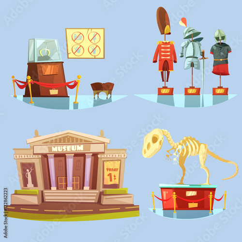 Museum Retro Cartoon 2x2 Flat Icons Set
