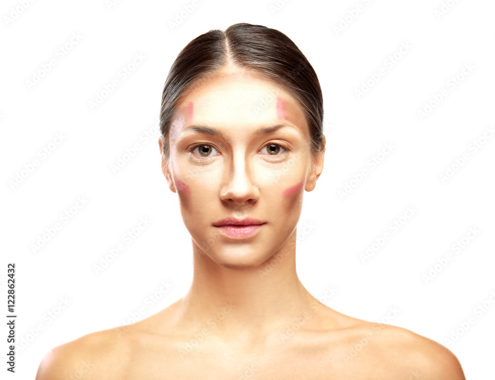 Beautiful young woman on white background. Professional face contouring makeup Beautiful young woman on white background. Professional face contouring makeup