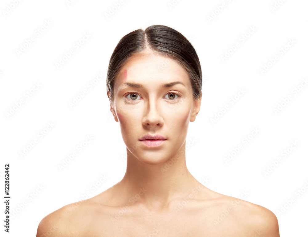 Beautiful young woman on white background. Professional face contouring makeup Beautiful young woman on white background. Professional face contouring makeup