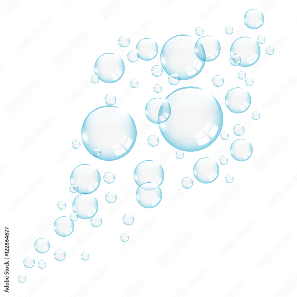 Blue transparent bubbles on white background, vector illustration