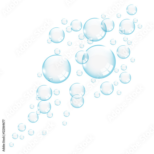 Blue transparent bubbles on white background, vector illustration