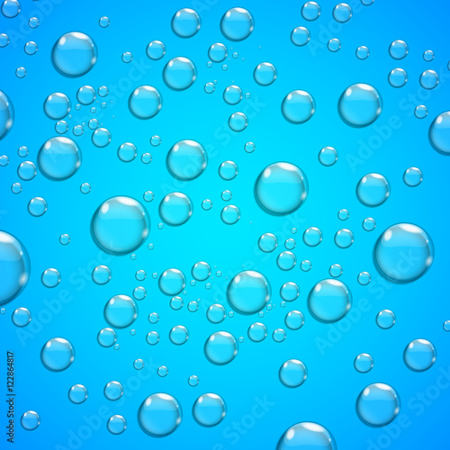 Transparent water drops on blue background, vector illustration