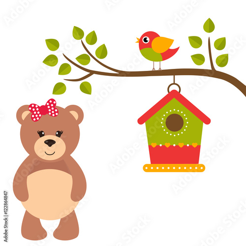 cartoon bird and birdhouse on a branch and teddy