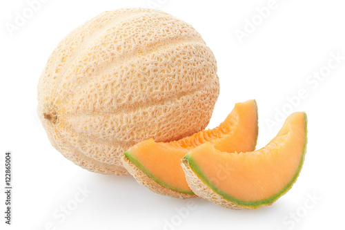 Cantaloupe melon and slices isolated on white, clipping path