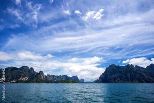 environment of mountains and river natural attractions in Ratchaprapha Dam at Khao Sok National Park, Surat Thani Province, Thailand.