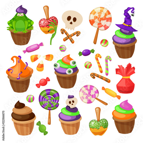 Trick or Treat. Traditional sweets and candies for holiday Halloween. Halloween candies isolated on white background. Retro cartoon style vector illustration.