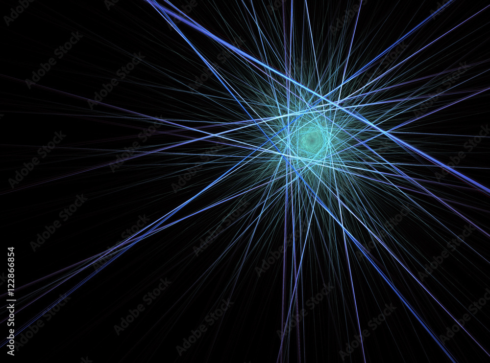 Obraz premium Computer generated fractal illustration of light beams in cold blue colors, decoration, on black background