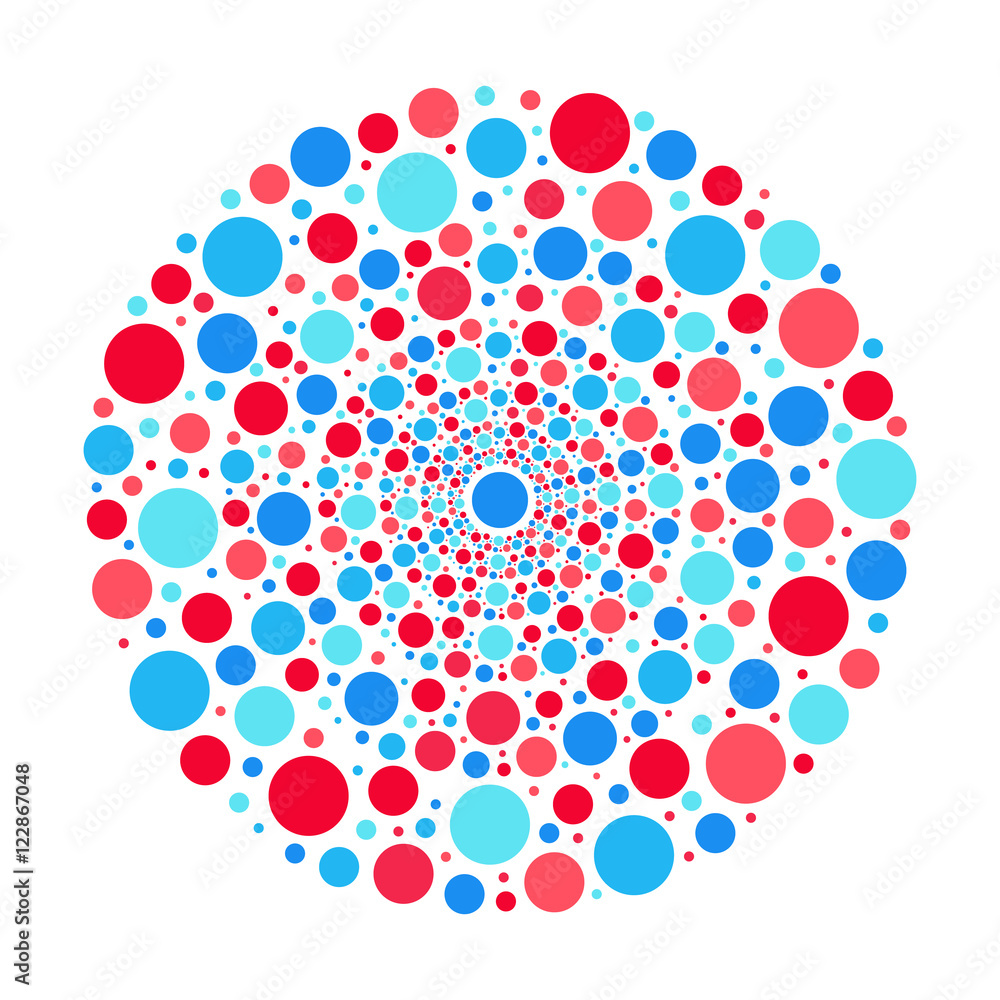 Circle ornament, red and blue bubbles vector pattern isolated
