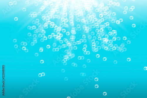 abstract white water bubbles isolated on cyan in sunlight, concept illustration for spa, wellness, drink, cosmetics and pharmacy