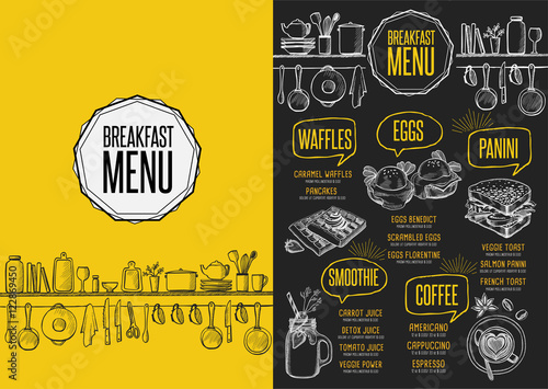 Menu breakfast restaurant, food template placemat.