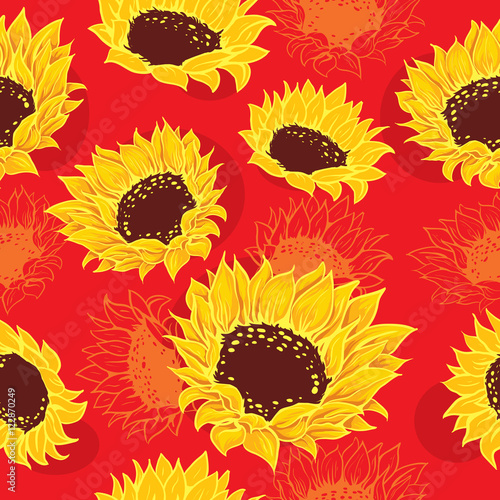 Fototapeta Naklejka Na Ścianę i Meble -  Seamless vivid sketch of stylized sunflowers and orange flowers red background