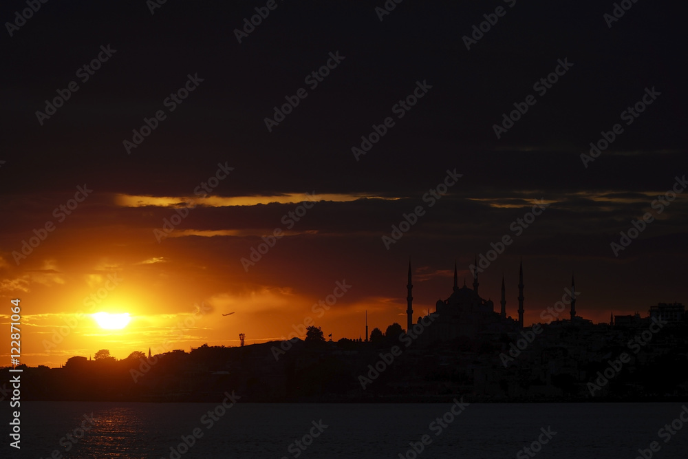Awesome Sunset At Istanbul with Silhouette Of The Blue Mosque
