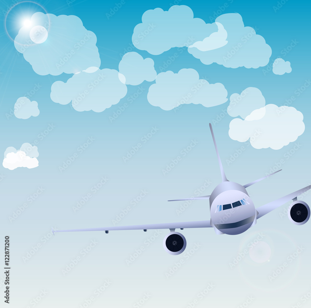 Fototapeta Flight of the plane in the sky. Passenger planes, airplane, aircraft, flight, clouds, sky. vector illustration