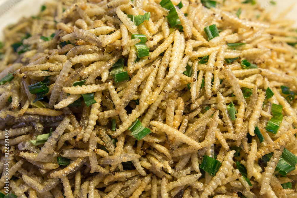 fried bamboo worms at the local market of Thailand