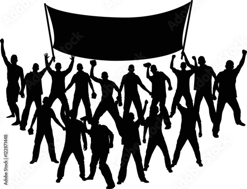 silhouettes of demonstrators with banner