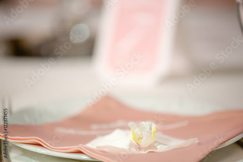 Little white flower lies on the pink serviette
