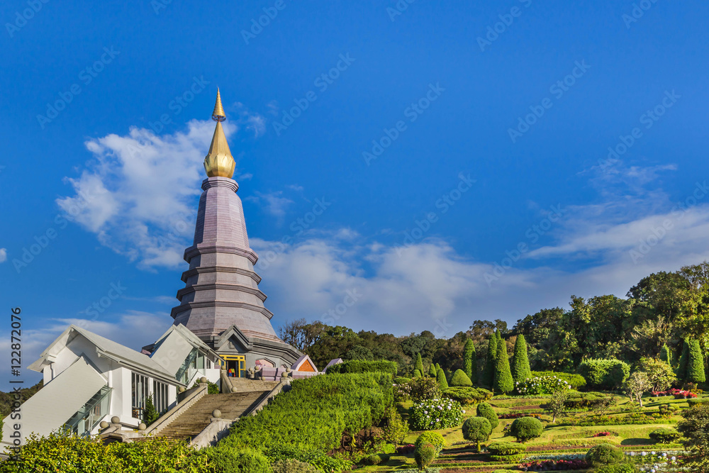 Naphapholphumisiri pagoda on the park top of doi inthanon in ChiangMai, Thailand on blue sky background