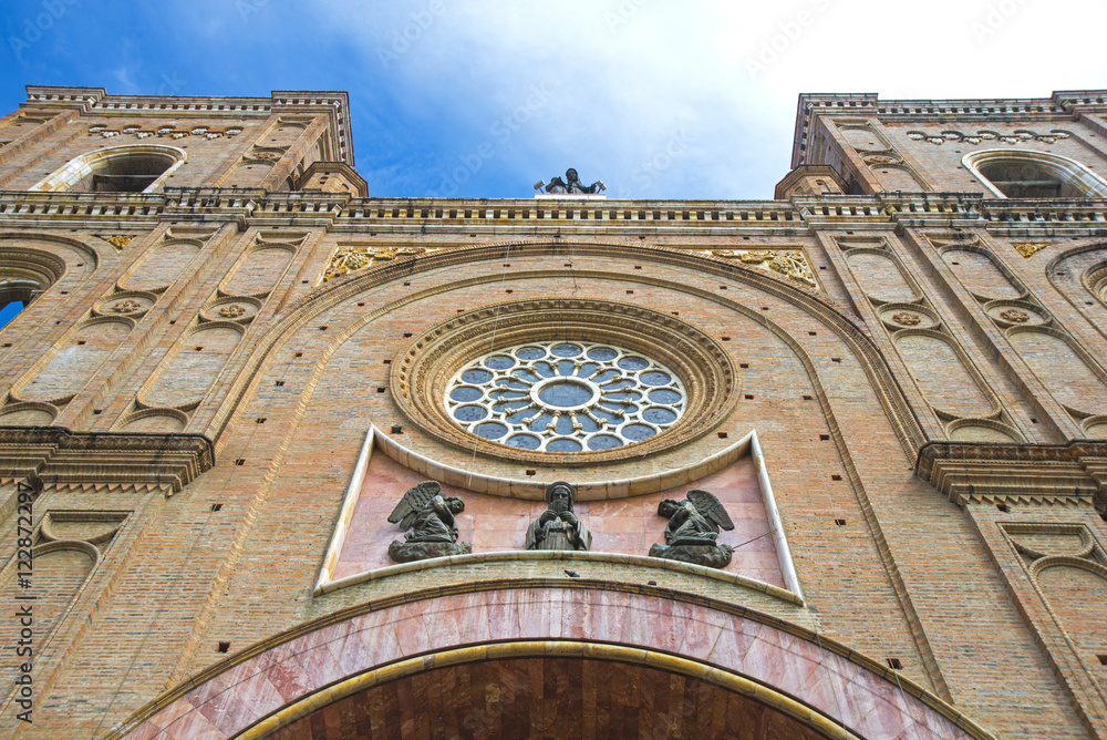 View of a section of the facade of the Cathedral of Cuenca, Ecuador, on a sunny morning