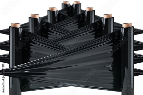 Roll of black wrapping plastic stretch film.  Isolated on white background.