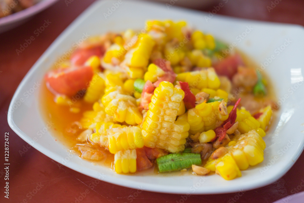 Famous Thai food, corn salad, Selective focus Famous Thai food, corn salad, Selective focus