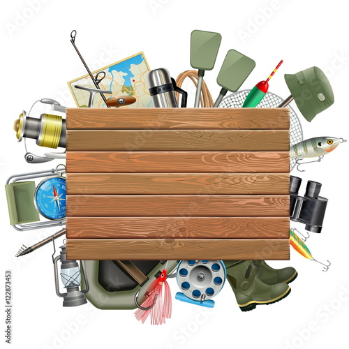 Vector Old Wooden Board with Fishing Tackle