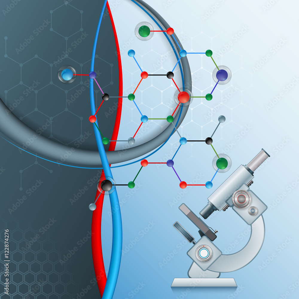 Design background with microscope on colorful hexagonal chemical ...