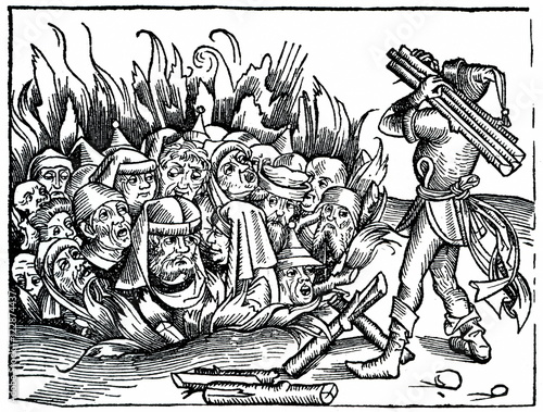 Jews burnt during the bubonic plague, accusing them in the contamination of christians wells (woodcut illustration from Nuremberg Chronicle, 1493)