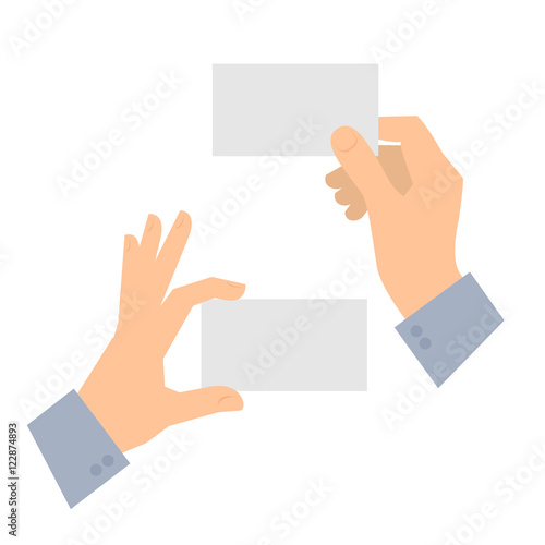 Two men's hands are holding business cards. Template flat illustration of businessman's hands and blank cards. Vector isolated on white background design elements for infographics, presentations.