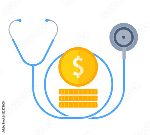 The stethoscope and money. Medical cost and insurance flat concept. Coins and phonendoscope vector illustration. Design elements for medical, financial, business and healthy infographic, presentation.