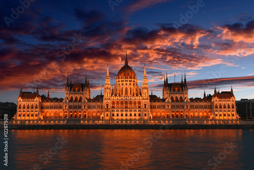 view over the Danube river to the Budapest Parliament, Hungary during sunset
