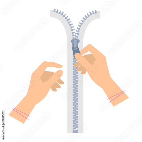 Two women's hands are unzipping a zipper. Template flat illustration of human female hand holding a fastener on the zip. Vector isolated on white background design elements for infographic, web, print
