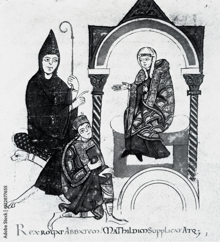 German king Henry IV begging Matilda of Canossa (miniature from 12th-century manuscript of Donizo's Vita Mathildis)