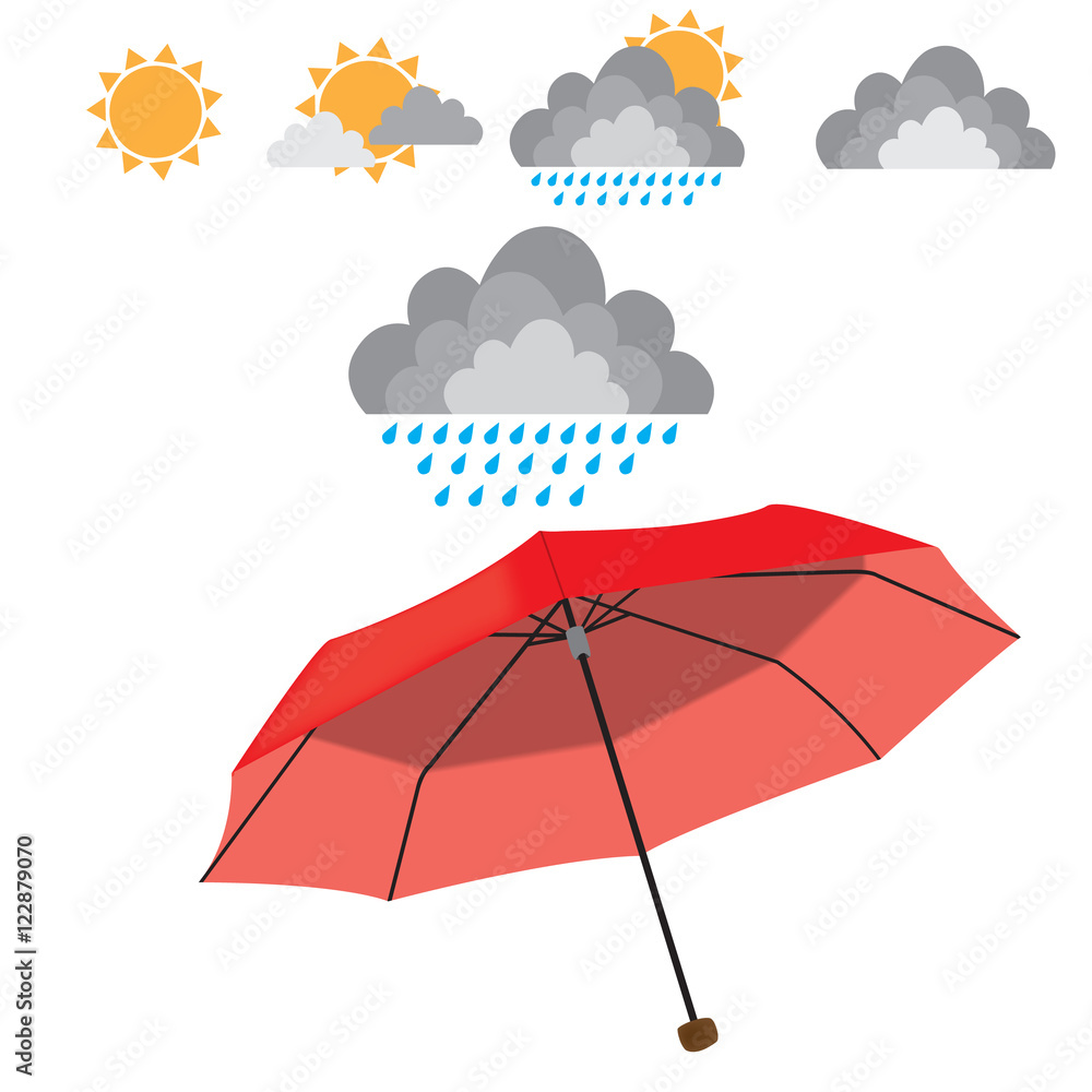 Red opened umbrella isolated on white background with weather ellements. Rain, sun, cloud, couds. vector illustration