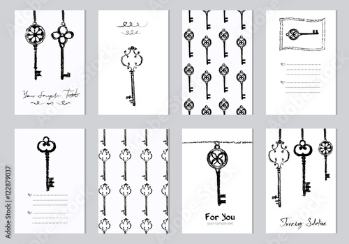 Hand drawn vector graphic keys black silhouette isolated on background with space for text, decorative frame, design elements for pattern, texture, greeting cards, invitations, package, cover page
