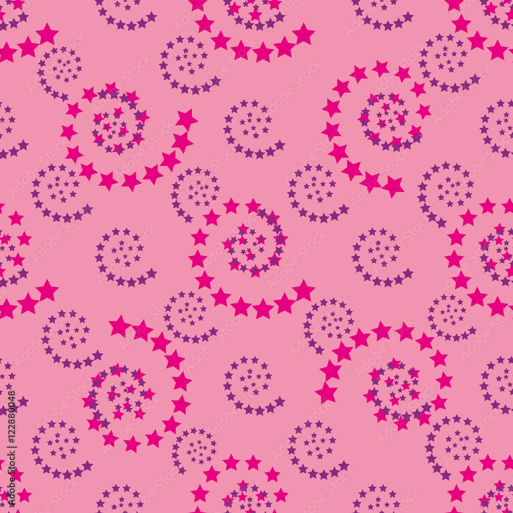 Pink and purple spiral with stars geometric seamless pattern on light background