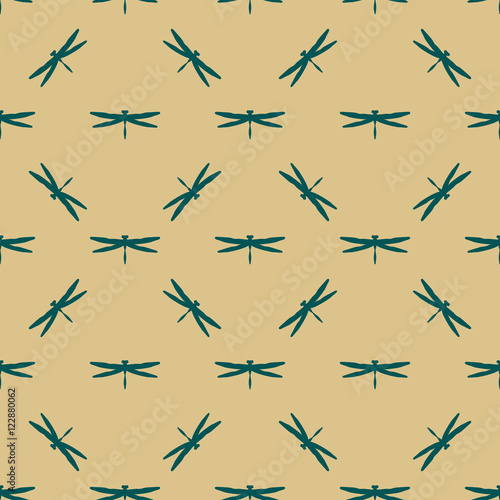 Green dragonfly seamless pattern on beige background