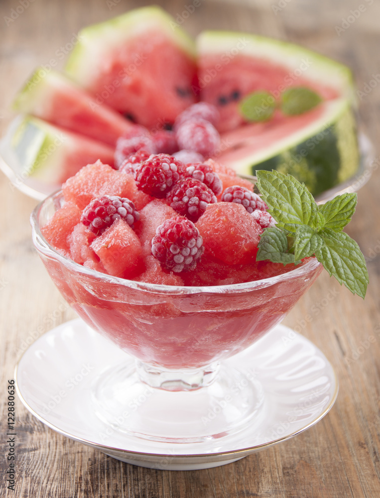 Watermelon sorbet with raspberries. Watermelon sorbet with raspberries.
