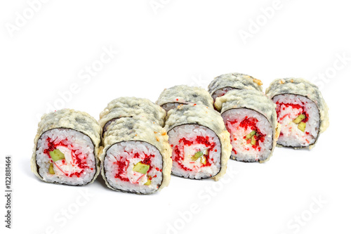Sushi roll with fresh ingredients isolated on white background