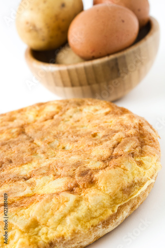 Traditional spanish omelette with potatoes and eggs isolated on white background

