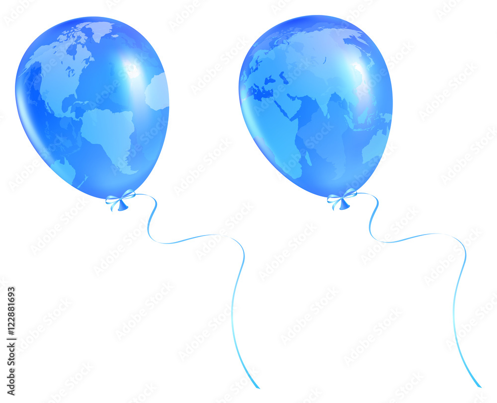 Blue balloons with the image of the western and eastern hemisphere of planet Earth