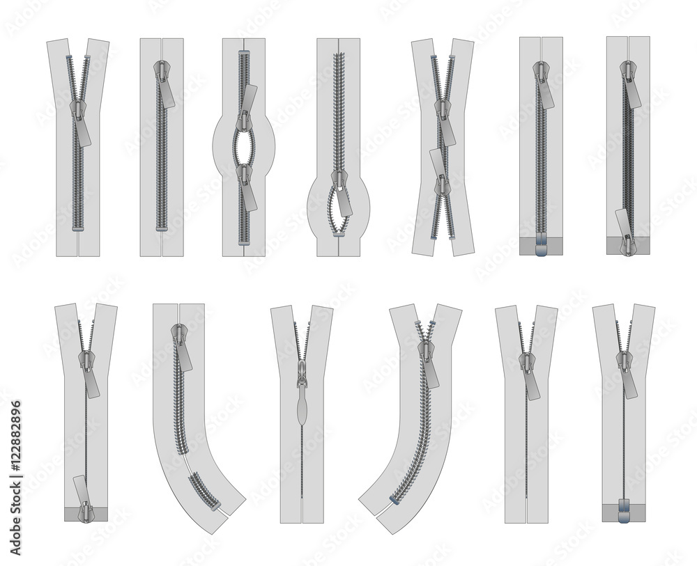 Vector set of zippers and fastener. Schematic isolated illustration of different types of zippers in a closed and opened positions. Metal or plastic clasps. Clothes accessory. Vector set of zippers and fastener. Schematic isolated illustration of different types of zippers in a closed and opened positions. Metal or plastic clasps. Clothes accessory.