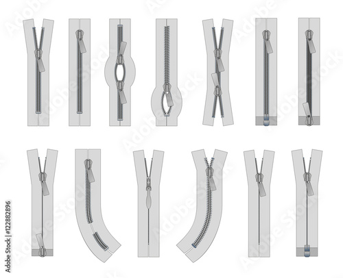 Vector set of zippers and fastener. Schematic isolated illustration of different types of zippers in a closed and opened positions. Metal or plastic clasps. Clothes accessory.