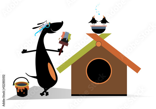 Dog paints a house. Cartoon dachshund is painting a kennel
