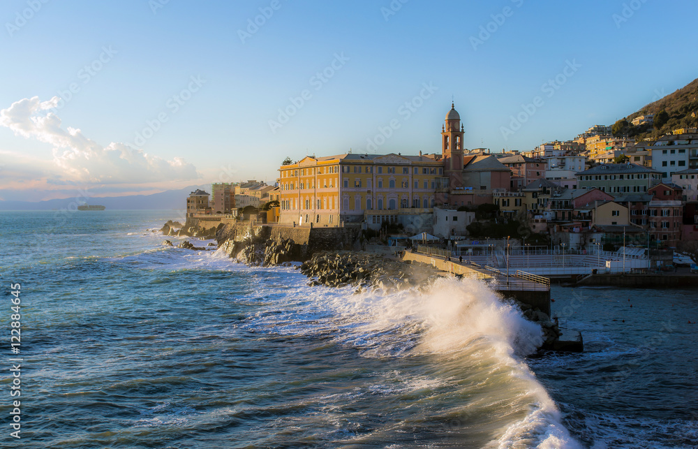Big stormy waves crashing over the coast - Genoa Nervi pier, Italy