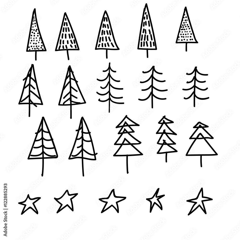set of 15 different fir, christmas trees hand drawn style on snowy background