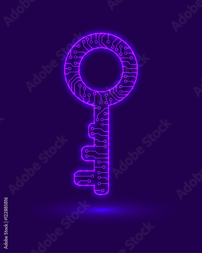 Abstract key to the door. Electronic circuit.