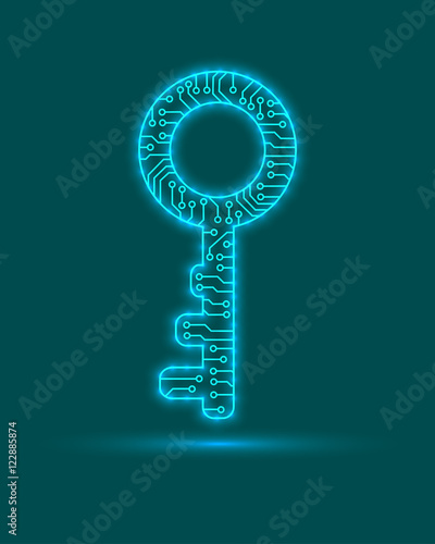 Abstract key to the door. Electronic circuit.