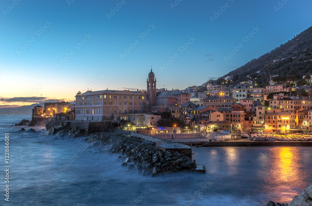 Night lights at the seaside village with colorful houses/Genoa/Nervi/Italy